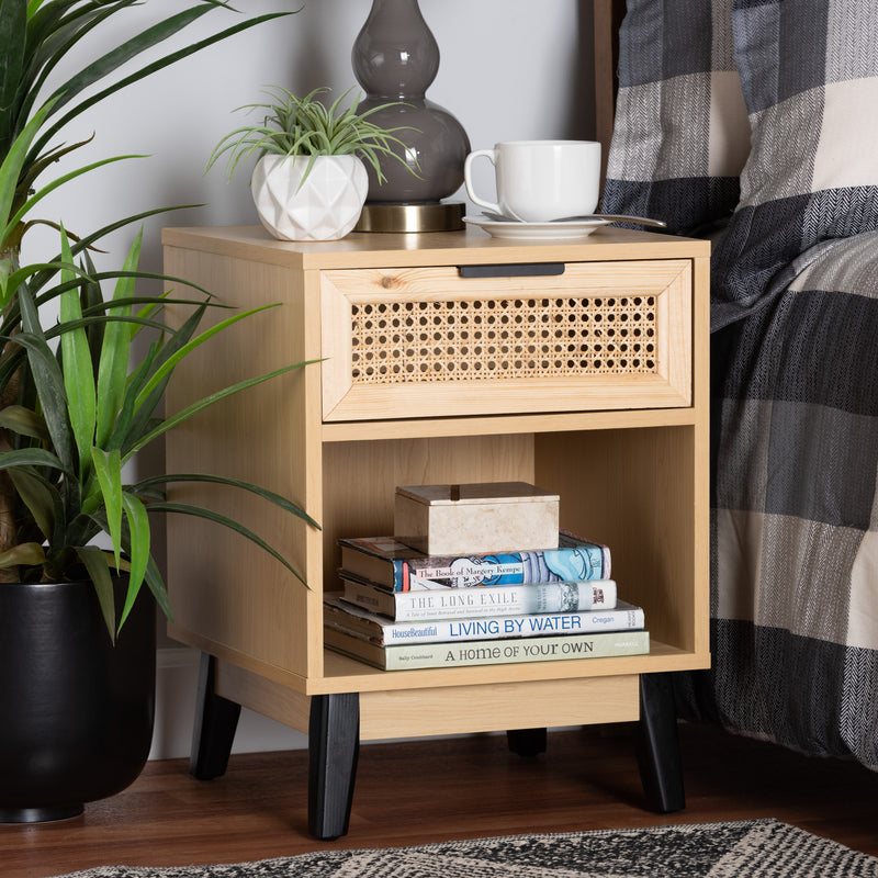 Dacre Mid-Century Modern End Table - Two-Tone Oak Brown and Black Wood with 1 Drawer and Natural Rattan Accent