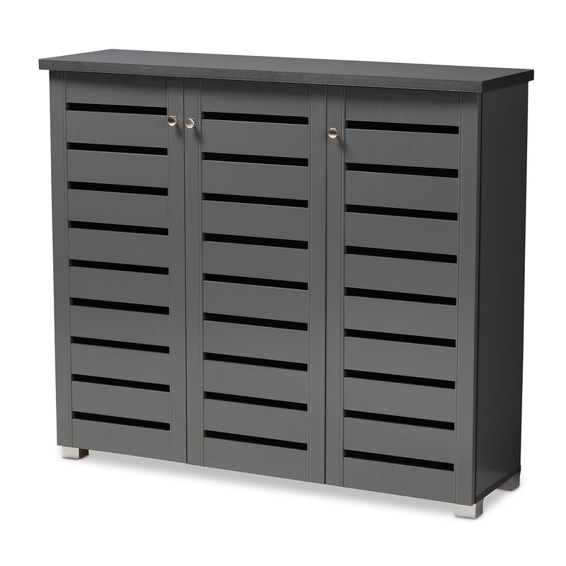 Adalwin Modern Dark Gray Wooden Shoe Storage Cabinet with 3 Doors for Entryway Organization and Stylish Home Décor