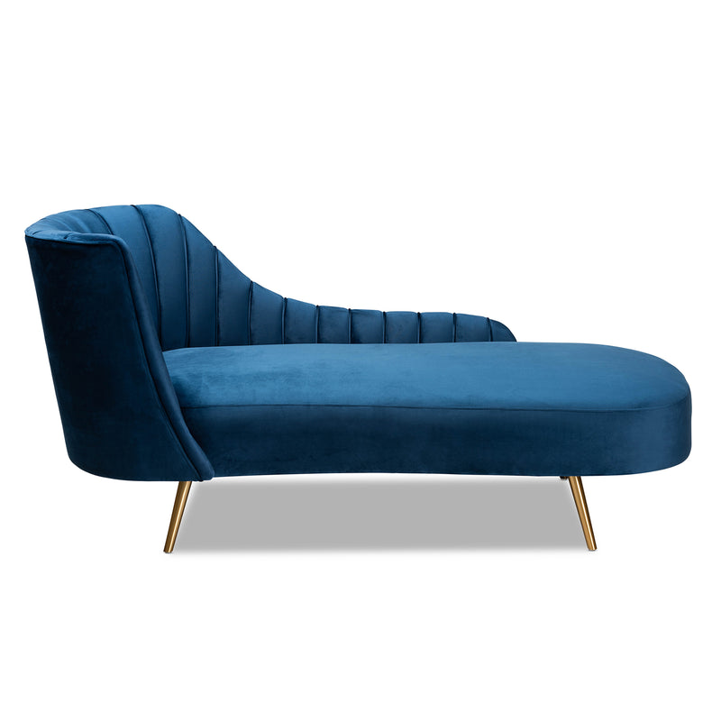 Kailyn Glam Luxe Chaise Lounge Navy Blue Velvet with Gold Finished Legs