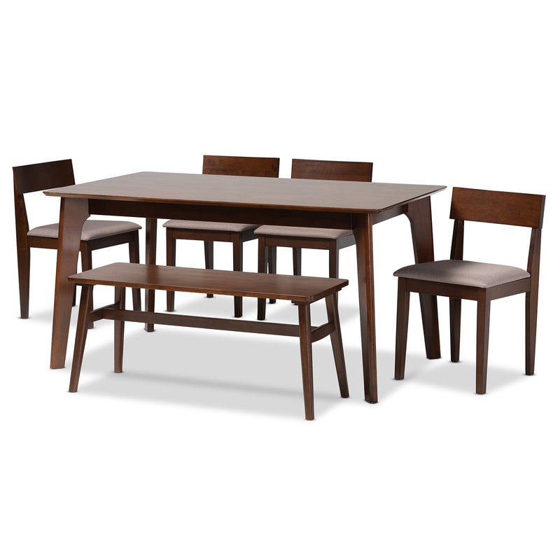 Camilla Dining Set Mid-Century Modern 6-Piece Warm Grey Fabric Dark Brown Finished Wood