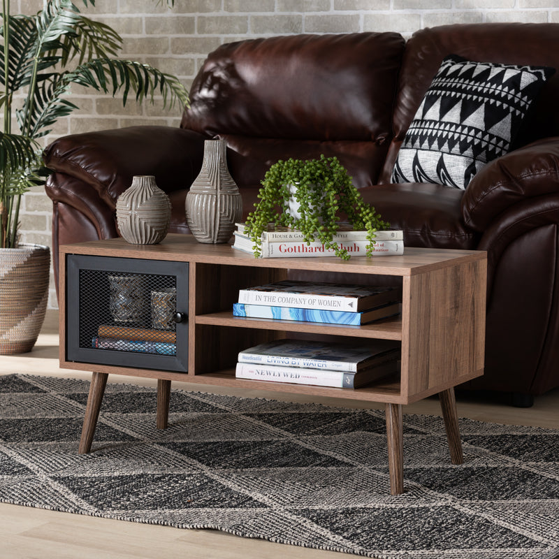 Yuna Coffee Table - Mid-Century Modern Design with Natural Brown Wood and Black Metal, Features 1-Door Storage Solution