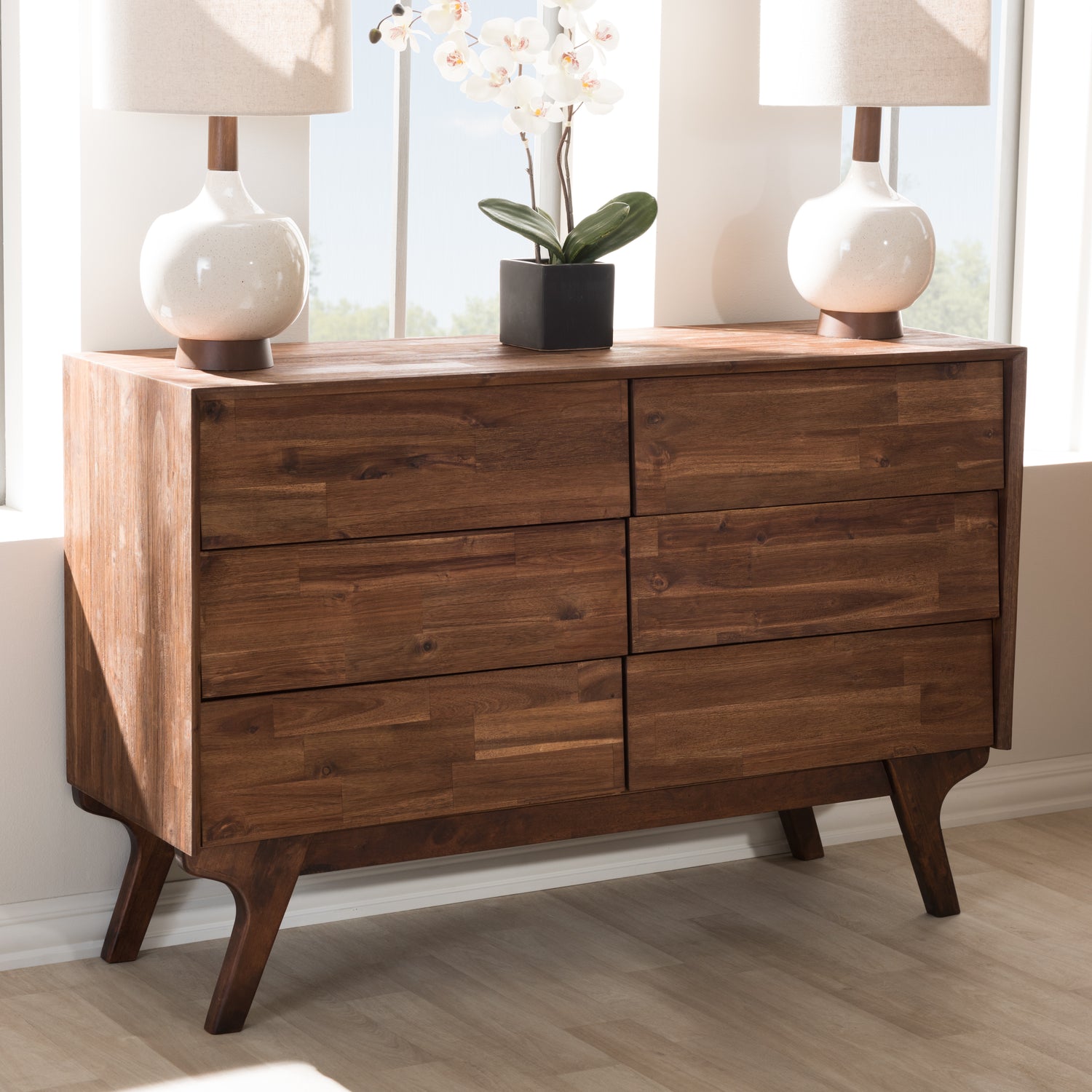 Sierra Mid-Century Modern Dresser Brown Wood 6-Drawer Storage Solution for Stylish Bedrooms