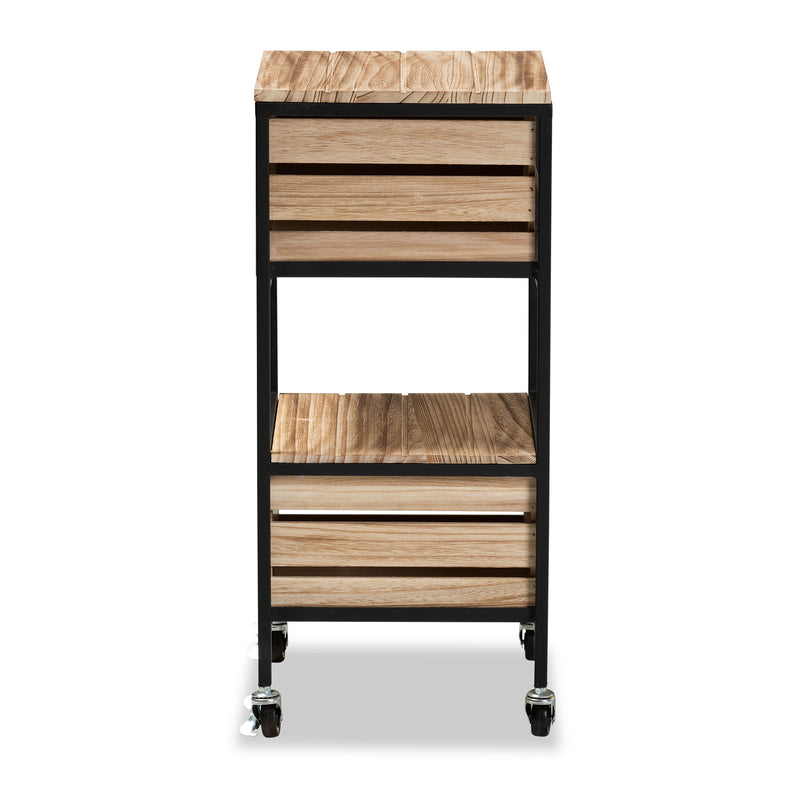 Olinda End Table Modern Industrial Design with Oak Brown Wood and Black Metal Featuring 2 Storage Drawers