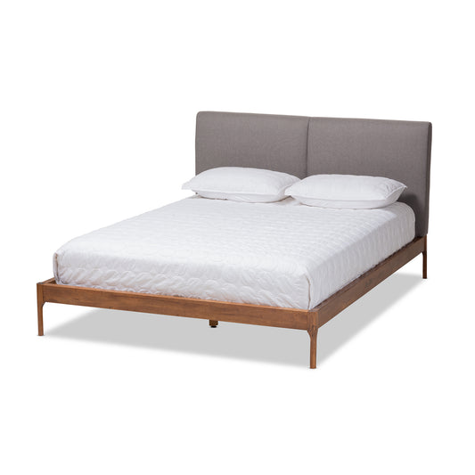 Aveneil Platform Bed - Mid-Century Modern Grey Fabric Upholstered with Walnut Finish