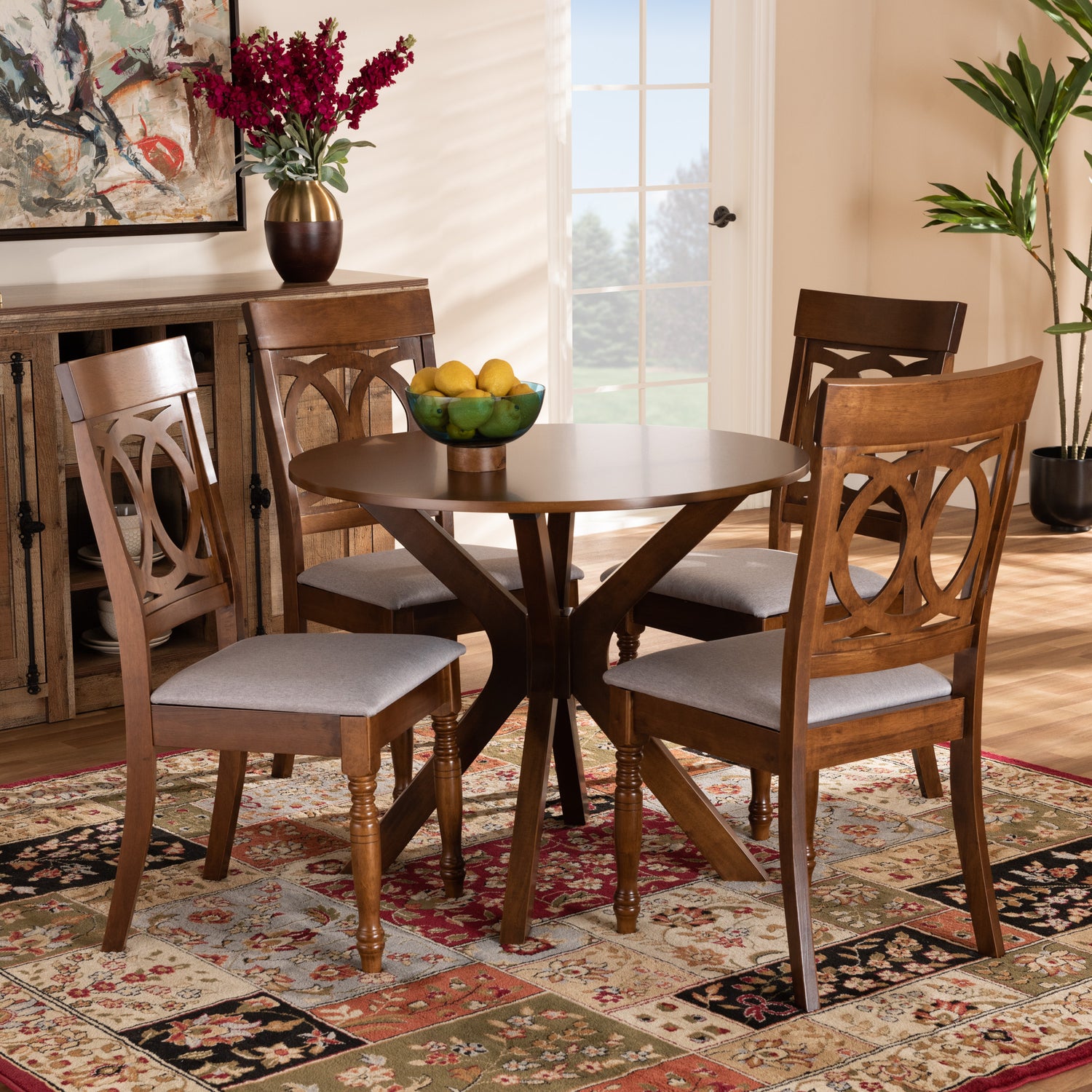 Jessie Dining Set Modern 5-Piece Grey Fabric Upholstered with Walnut Brown Finished Wood