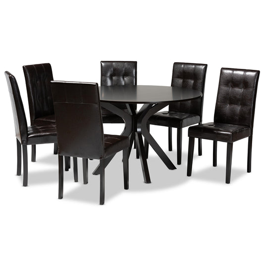 Marie 7-Piece Dining Set Modern Dark Brown Faux Leather Chairs with Dark Brown Finished Wood Table