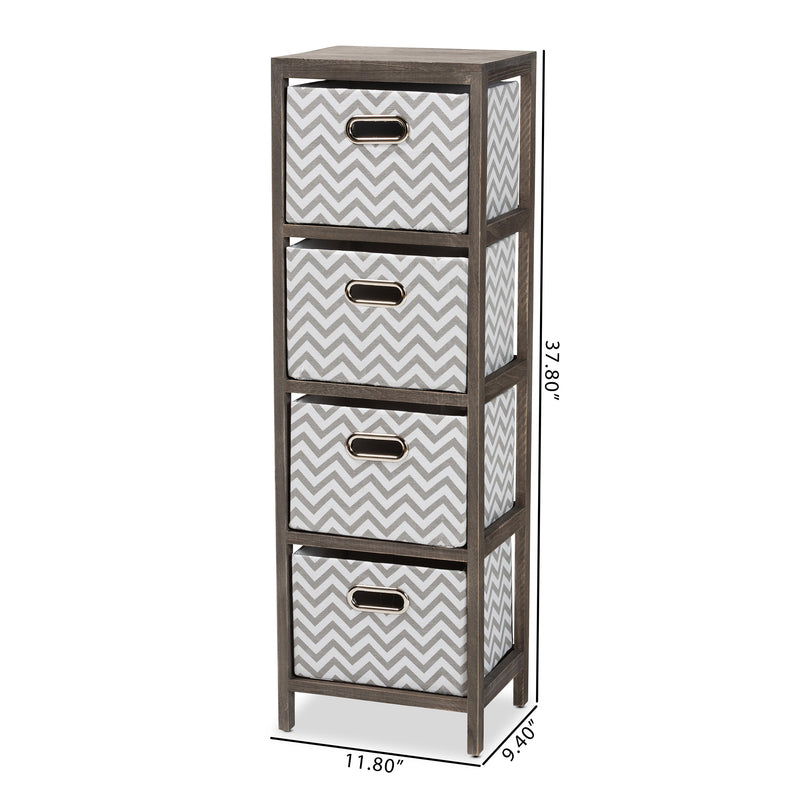 Jorah Tallboy Storage Unit - Modern Grey and White Fabric Upholstered with Greywashed Wood and 4 Baskets for Stylish Organization