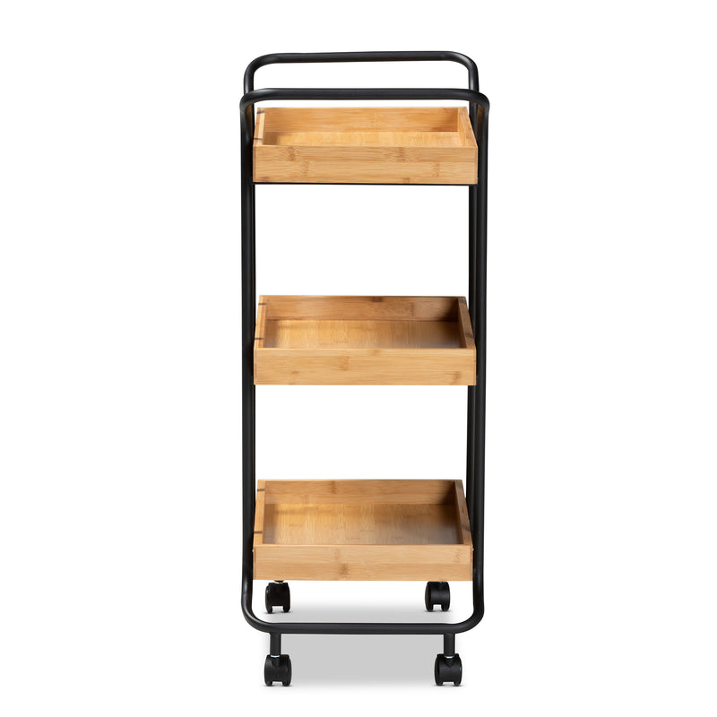 Baxter Mobile Kitchen Cart Modern 3-Tier Design with Oak Brown Wood and Black Metal Frame