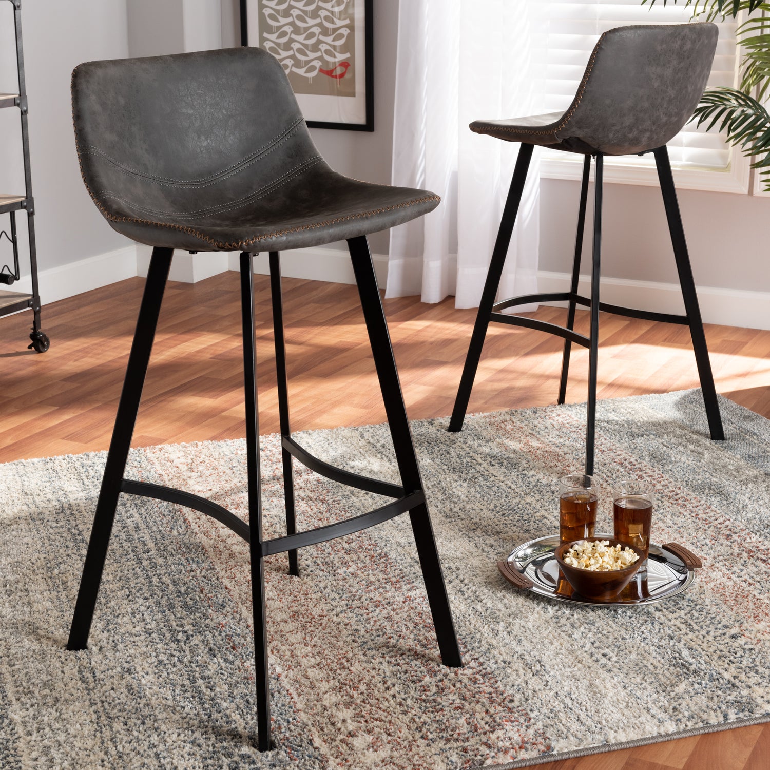 Tani Bar Stool Set - Rustic Industrial Grey and Brown Faux Leather Upholstered 2-Piece Metal Bar Stools with Black Finish