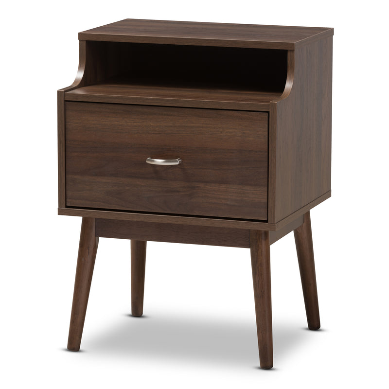 Disa Mid-Century Modern Nightstand Walnut Brown Finish with Storage Drawer and Stylish Design