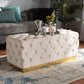 Corrine Ottoman Luxe Beige Velvet Fabric Upholstered with Gold PU Leather