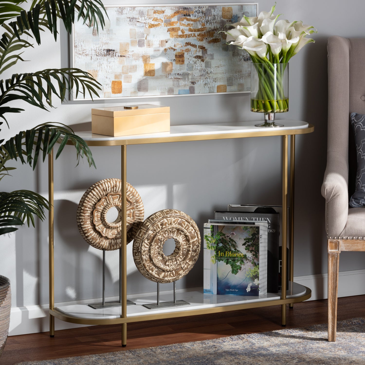 Dominic Console Table - Modern Gold Metal Design with Faux Marble Top for Stylish Entryway or Living Room Decor