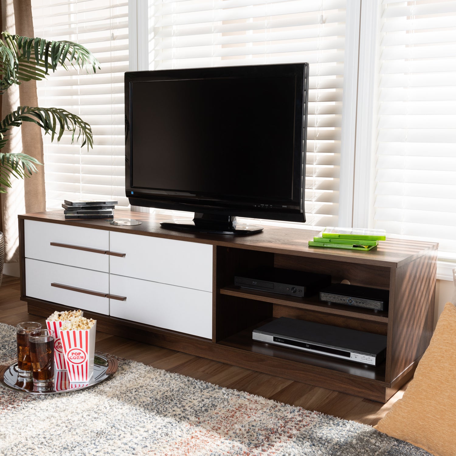 Mette Mid-Century Modern TV Stand Two-Tone White and Walnut Finished 4-Drawer Wood Entertainment Center for Living Room Storage