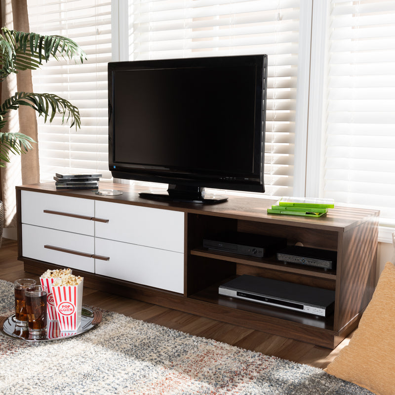 Mette Mid-Century Modern TV Stand Two-Tone White and Walnut Finished 4-Drawer Wood Entertainment Center for Living Room Storage