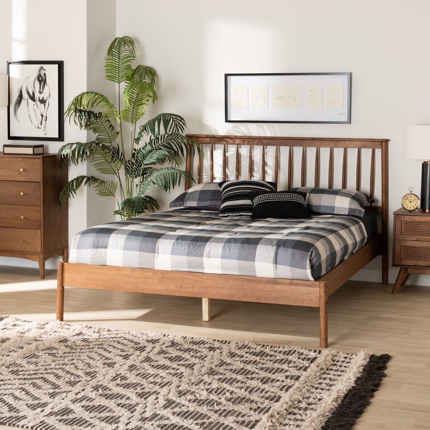 Agatis Queen Size Bed Mid-Century Modern Design in Walnut Brown Finished Wood Stylish Durable Bedroom Furniture