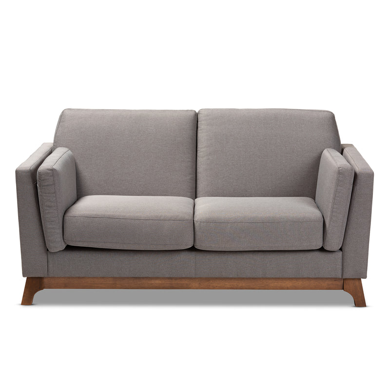 Sava Mid-Century Modern Loveseat Grey Fabric Upholstered 2-Seater with Walnut Wood Frame Stylish Comfortable Sofa for Living Room or Office