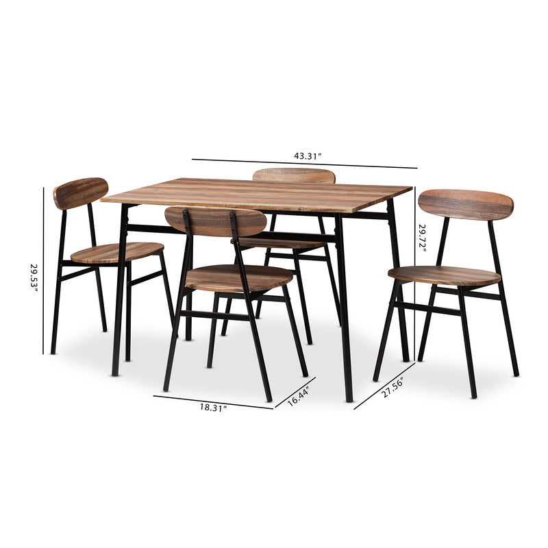 Darcia 5-Piece Dining Set with Rustic Brown Wood Finish and Matte Black Frame