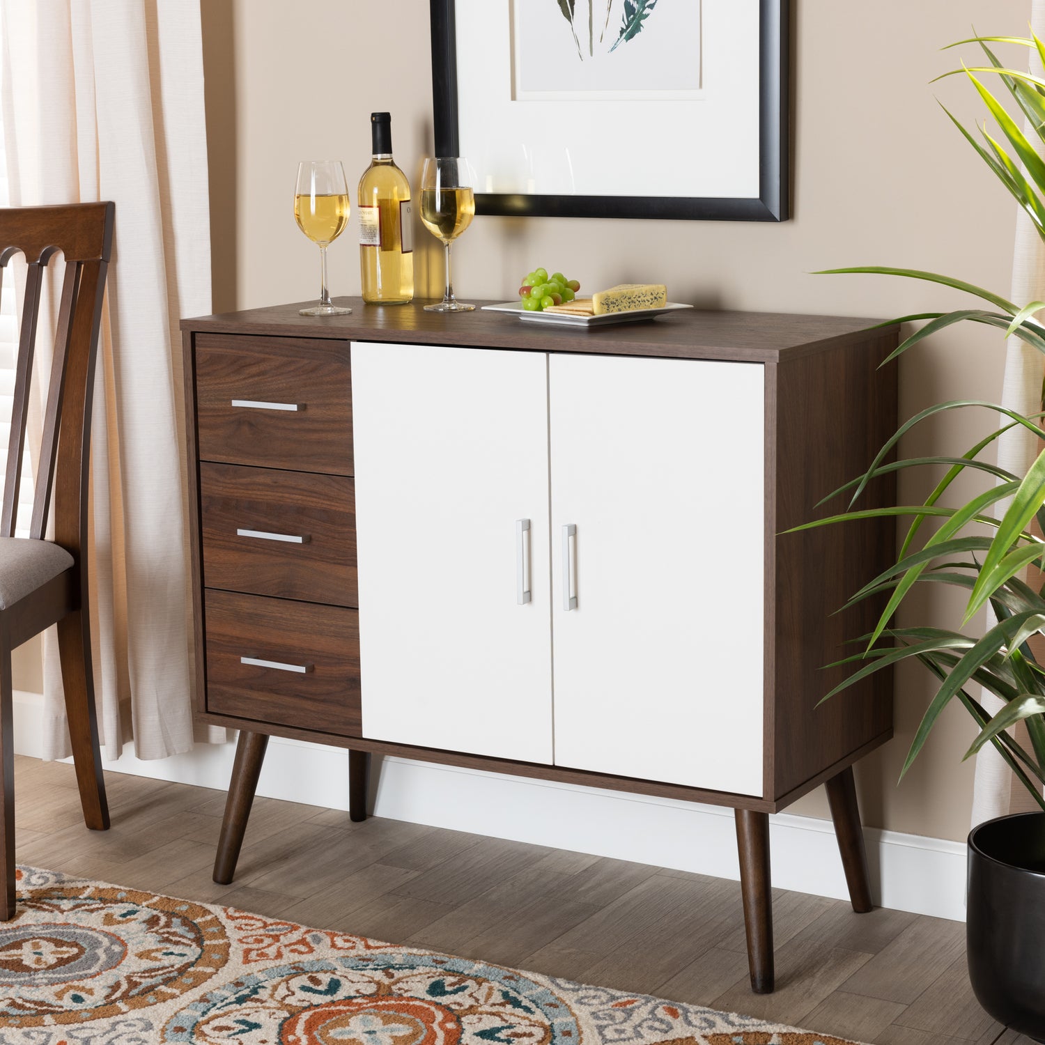 Leena Mid-Century Modern Sideboard Buffet - Two-Tone White and Walnut Wood with 3 Drawers for Stylish Storage and Organization