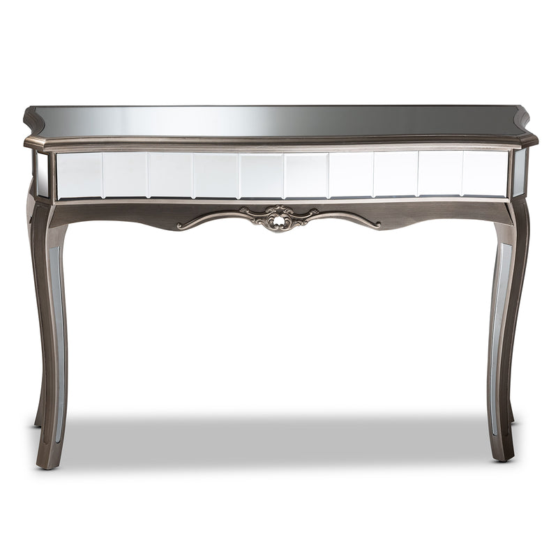 Elgin Console Table Contemporary Glam Luxe Design with Brushed Silver Finished Wood and Mirrored Glass Accents