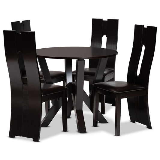 Senan Dining Set Modern 5-Piece Collection with Dark Brown Faux Leather Upholstery and Finished Wood