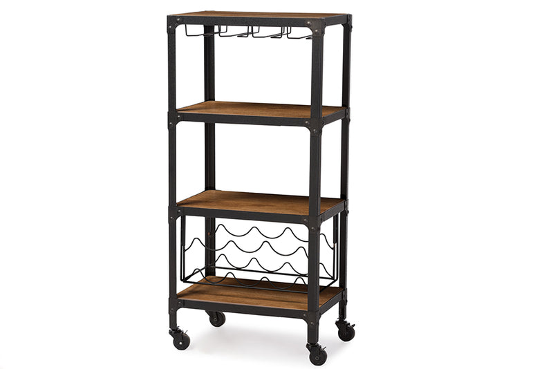 Swanson Mobile Kitchen Bar Rustic Industrial Style Antique Black Finish Distressed Wood Wine Storage Shelf