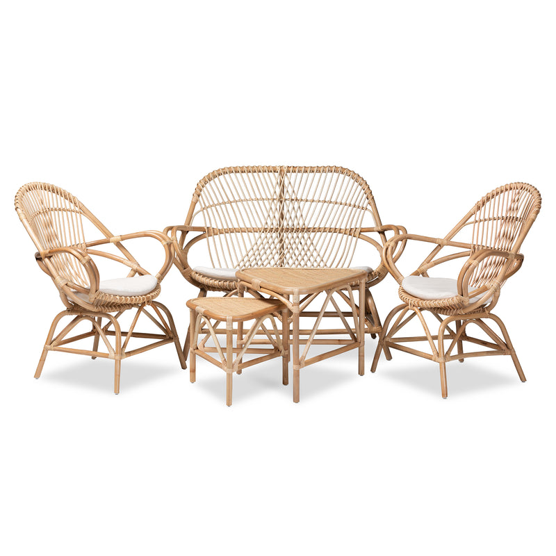 Jayden Living Room Set Modern Bohemian 5-Piece Collection with White Fabric Upholstery and Natural Brown Rattan Finish