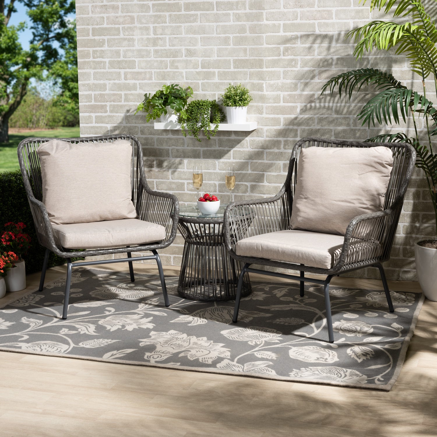 Dermot Patio Set Modern 3-Piece Seating with Beige Fabric and Grey Synthetic Rattan Upholstery for Outdoor Spaces