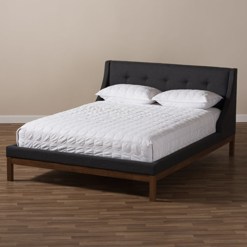 Louvain Platform Bed - Modern and Contemporary Dark Grey Fabric Upholstered with Walnut Finish