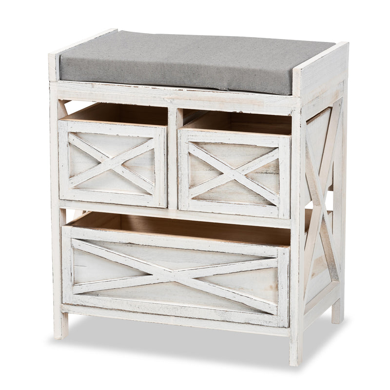 Parra Storage Bench Modern Farmhouse Style Grey Fabric Upholstery Whitewashed Wood 3 Drawers for Organized Storage