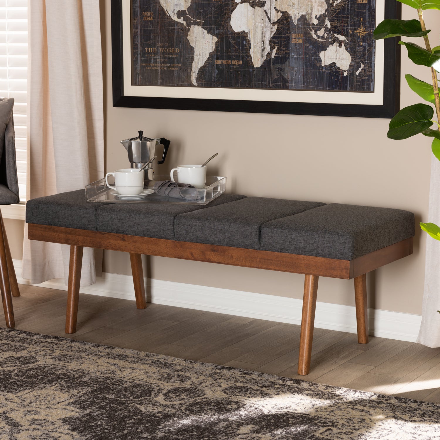 Larisa Bench Mid-Century Modern Charcoal Fabric Upholstered Wood