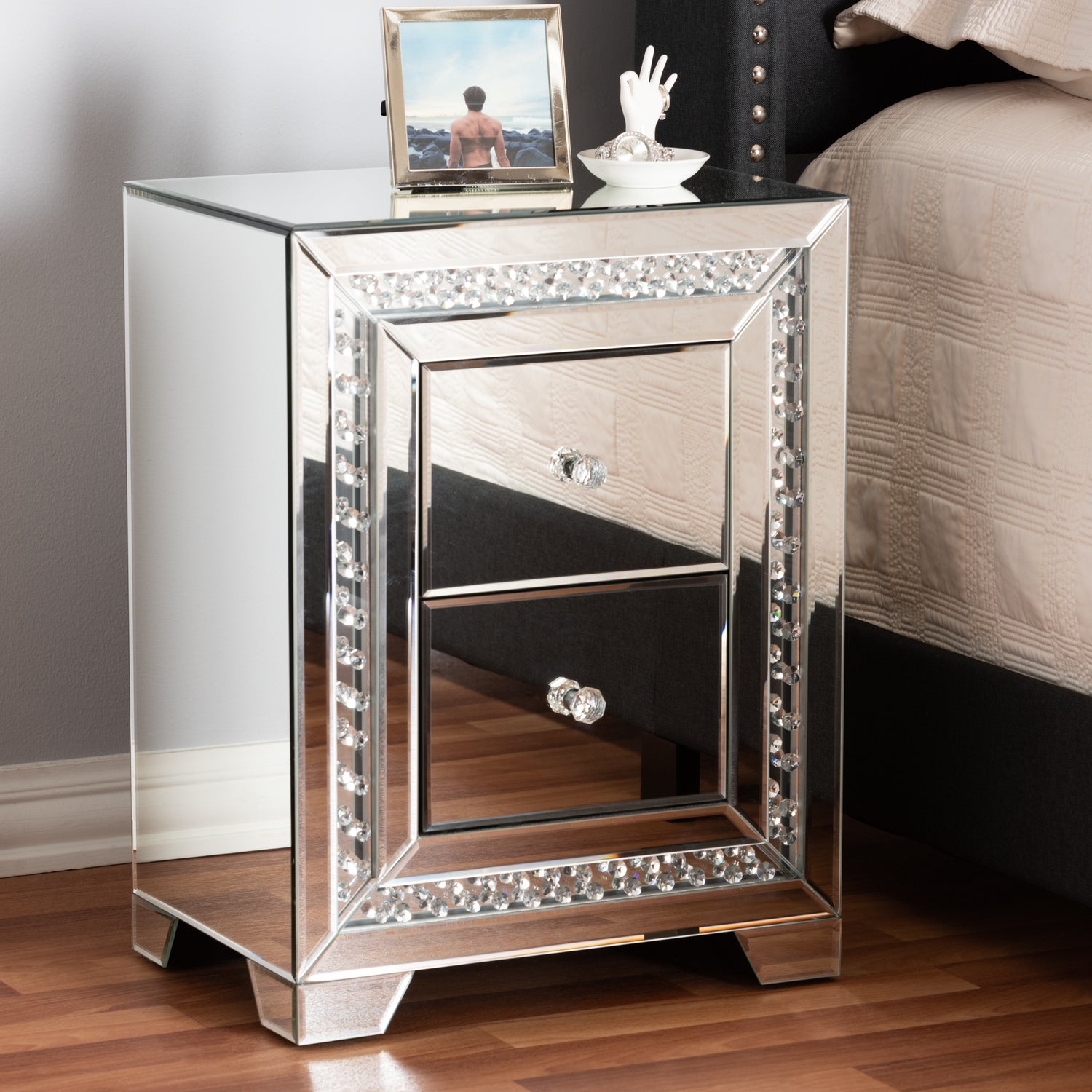 Mina Mirrored End Table - Modern Hollywood Regency Glamour with 2 Drawers for Stylish Storage and Decor