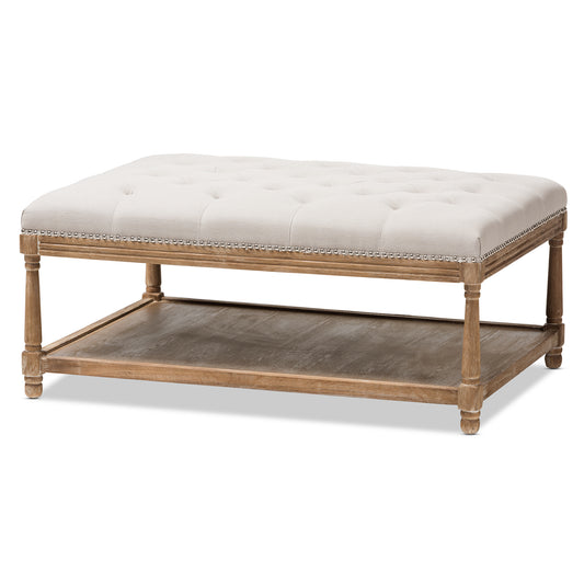 Carlotta Rectangular Coffee Table Ottoman in Weathered Oak and Beige Linen - French Country Style Living Room Furniture