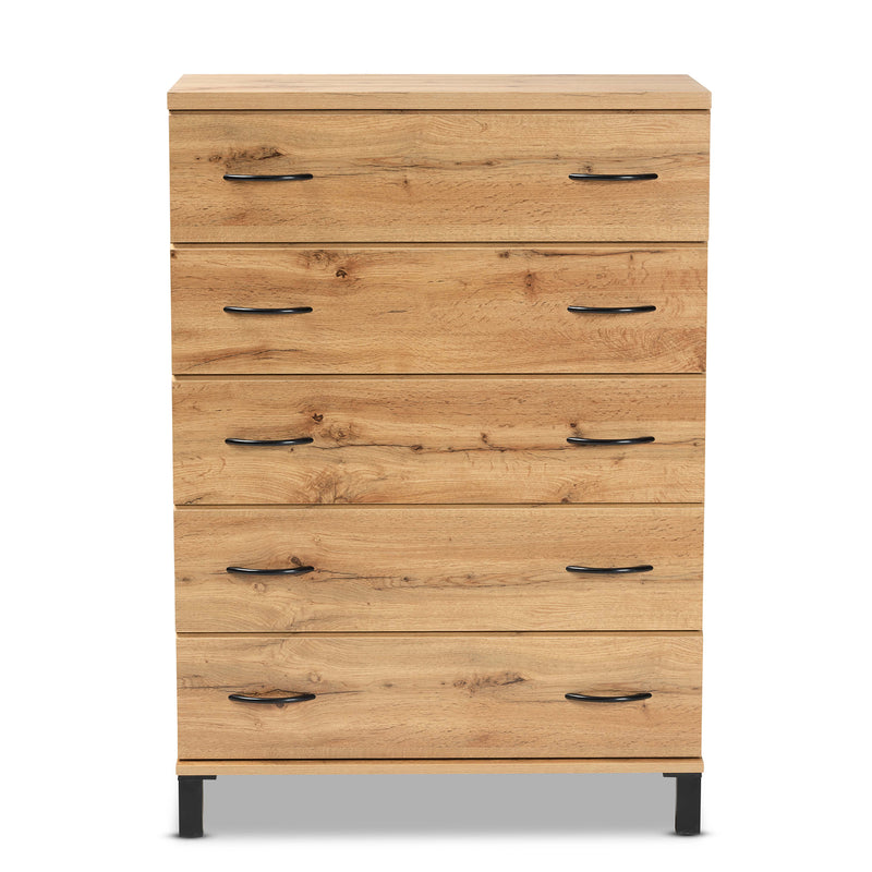 Maison 5-Drawer Storage Chest in Modern Oak Brown Finished Wood for Stylish Organization and Space-Saving Solutions