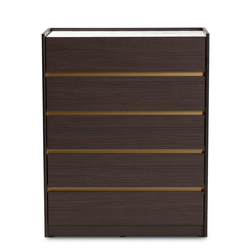 Walker 5-Drawer Chest Modern Contemporary Dark Brown Gold Finished Wood Faux Marble Top Stylish Storage Solution