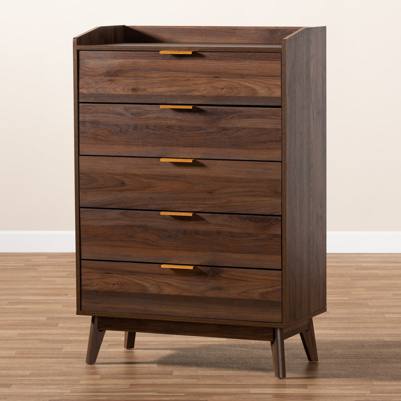 Lena Mid-Century Modern Chest - 5-Drawer Walnut Brown Wood Storage Unit for Bedroom or Living Room