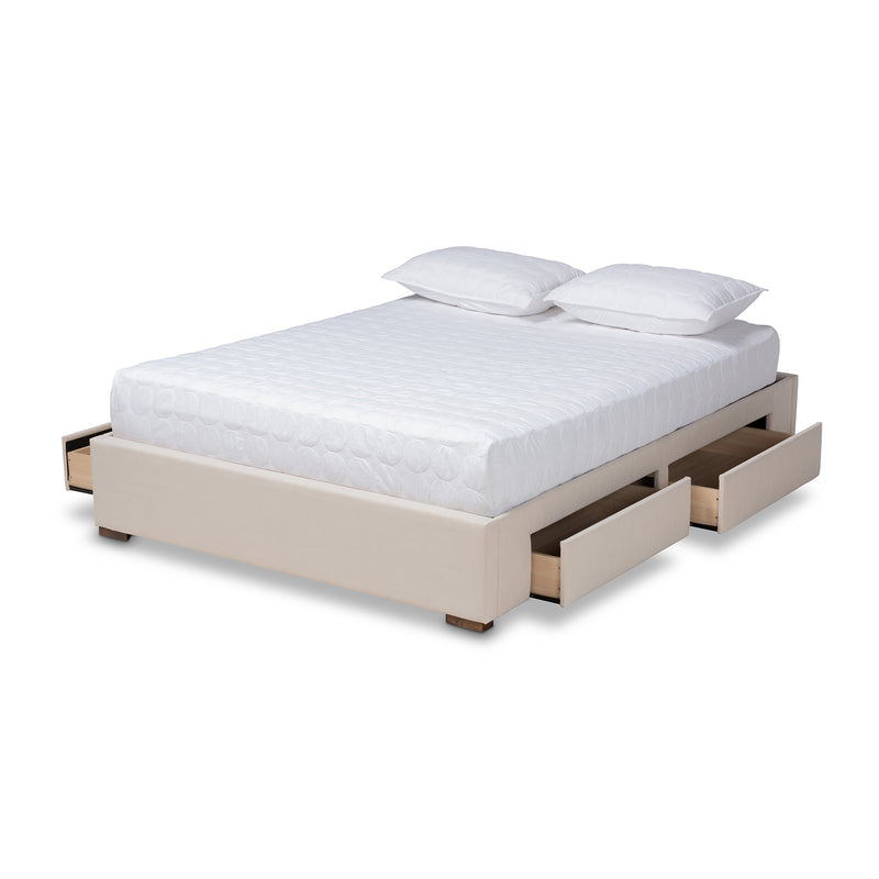 Leni Platform Storage Bed Frame - Modern and Contemporary Beige Fabric Upholstered 4-Drawer Design