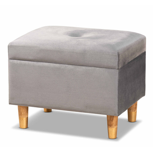 Elias Ottoman Modern and Contemporary Grey Velvet Fabric Upholstered Oak Brown Finished Wood Storage