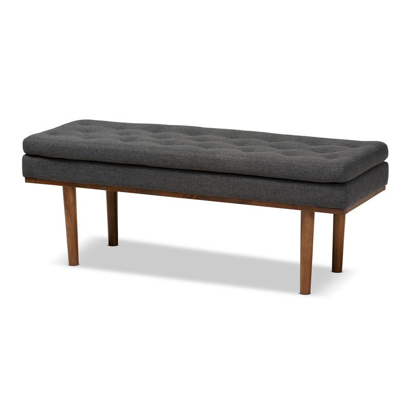 Arne Bench Mid-Century Modern Dark Grey Fabric Upholstered Walnut Finished