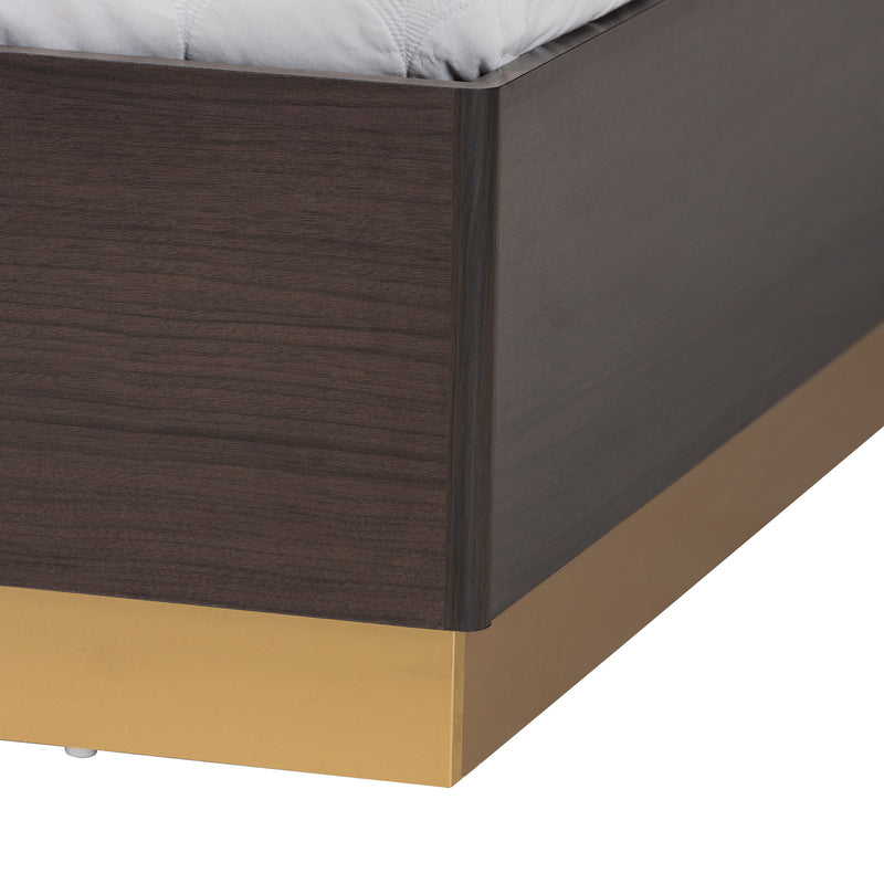 Arcelia Queen Size Bedroom Set Contemporary Glam 4-Piece Collection in Two-Tone Dark Brown and Gold Finished Wood with Stylish Storage Chest