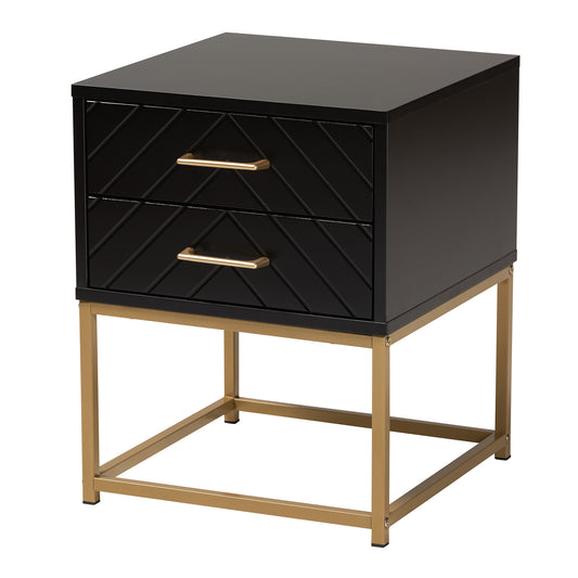 Inaya End Table - Contemporary Glam Design with Black Wood and Gold Metal, Featuring 2 Drawers for Stylish Storage