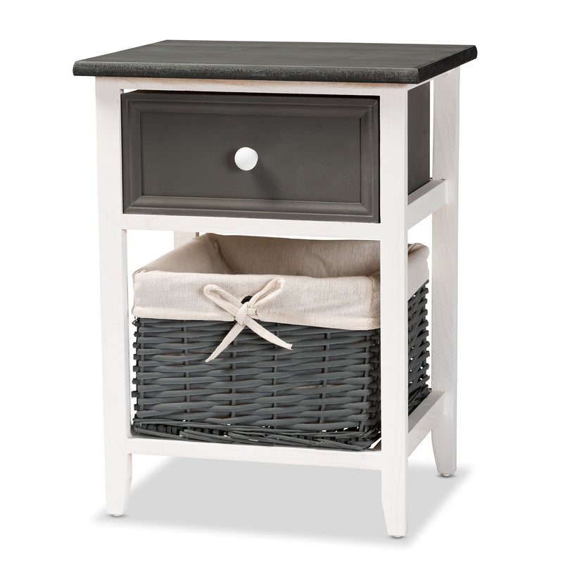 Shadell Storage Unit Modern Two-Tone Dark Grey and White Wood with 1 Drawer and Basket for Organized Living