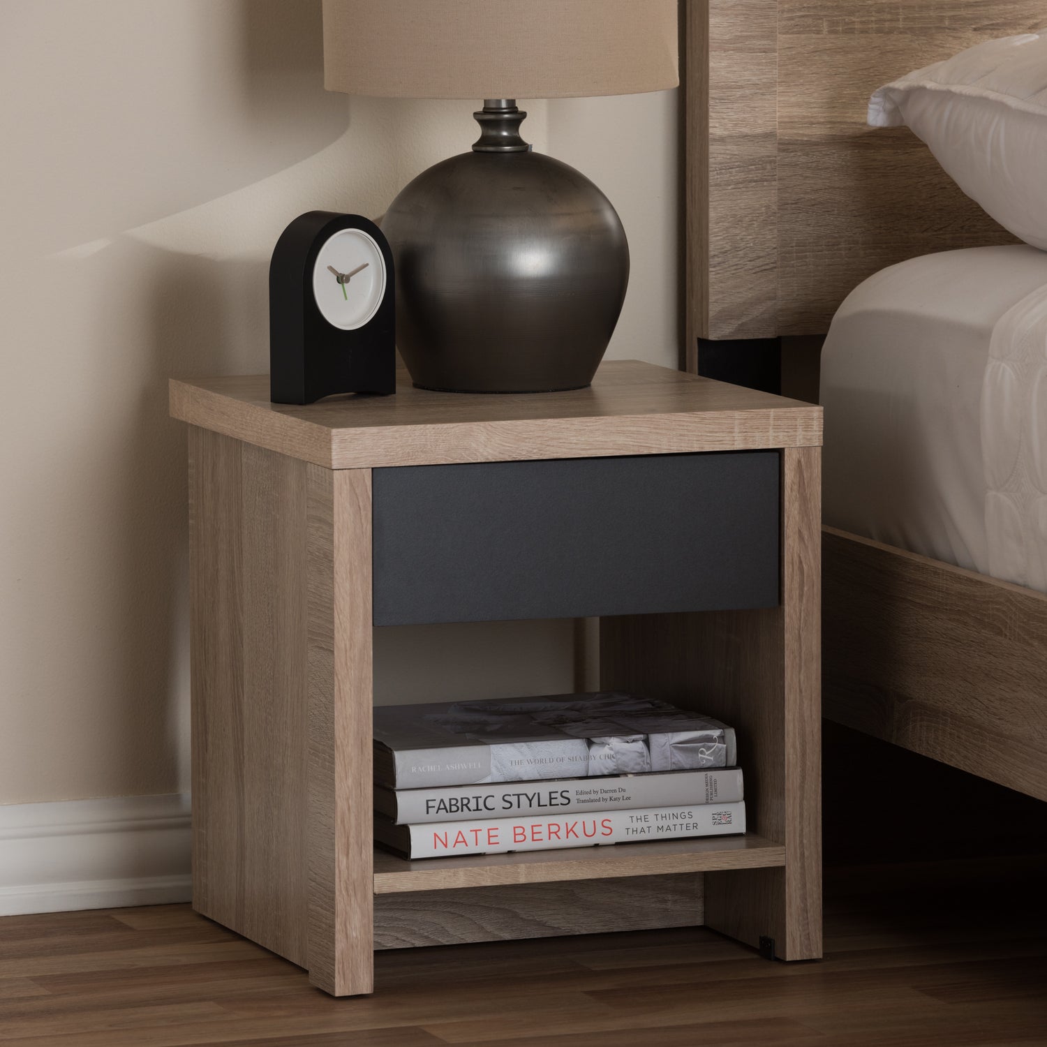 Jamie Nightstand - Modern Two-Tone Oak and Grey Wood Design with 1 Drawer and 1 Shelf for Stylish Bedroom Storage