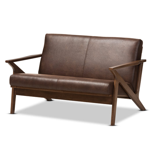 Bianca Loveseat Mid-Century Modern Walnut Wood Dark Brown Distressed Faux Leather 2-Seater