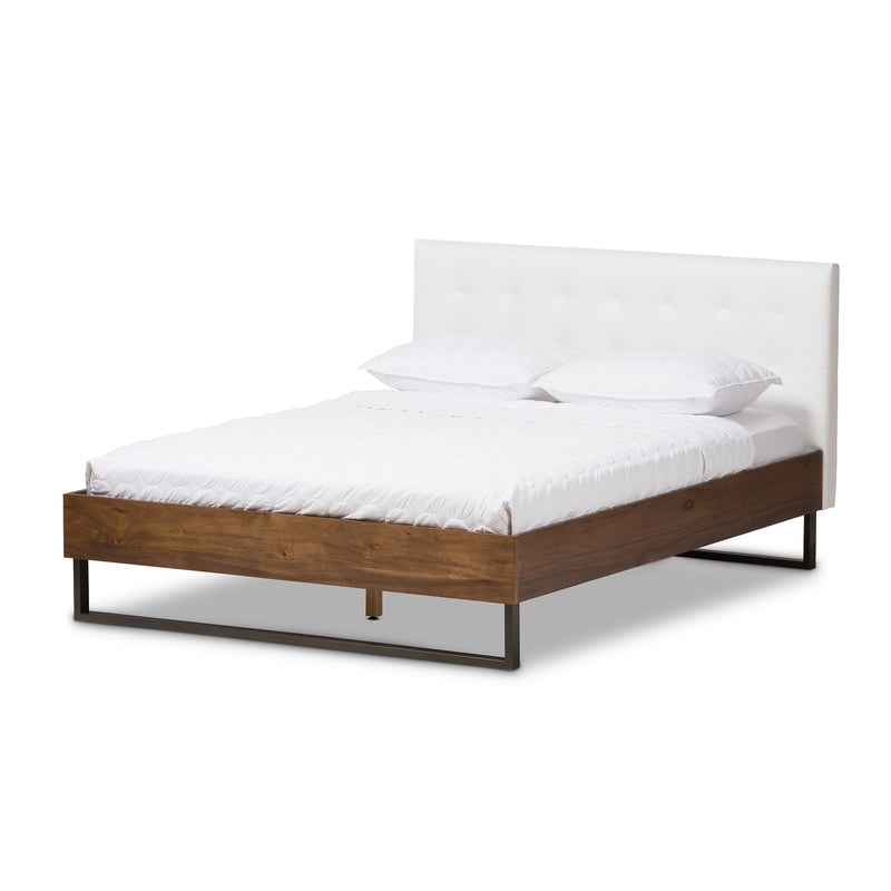 Mitchell Platform Bed - Rustic Industrial Walnut Wood with White Faux Leather and Dark Bronze Metal