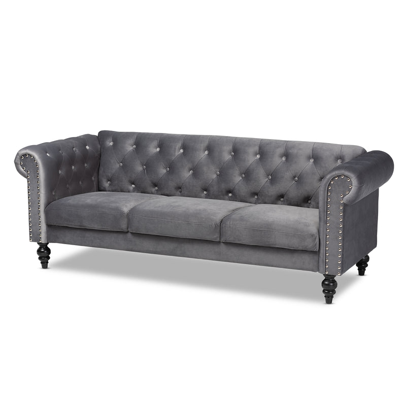 Emma Sofa Traditional Transitional Grey Velvet Fabric Upholstered Button Tufted Chesterfield