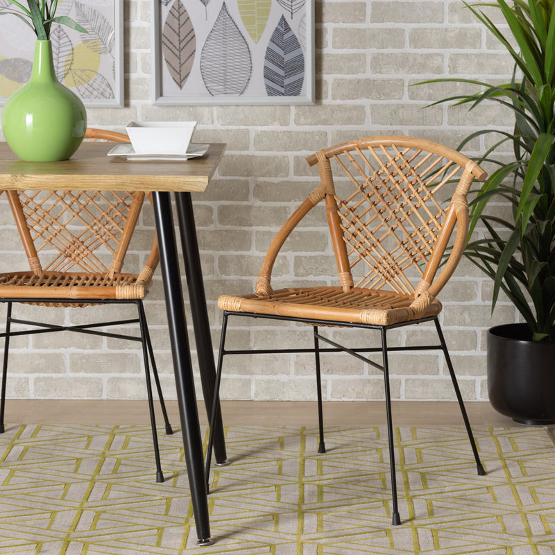 Pro Modern Bohemian Dining Chair Set 2-Piece Natural Brown Rattan and Black Metal Design for Chic Dining Spaces