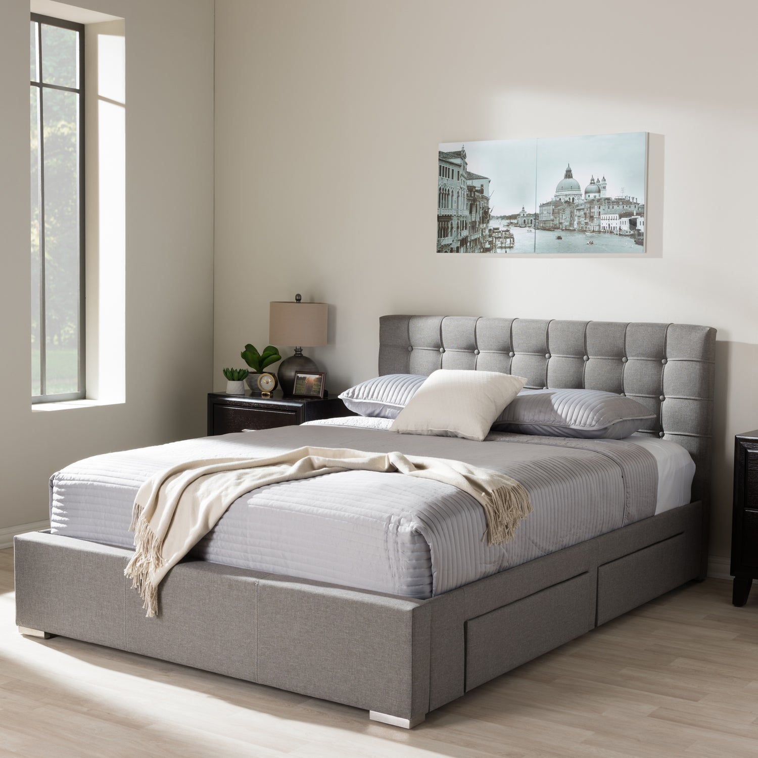 Rene Platform Bed - Modern and Contemporary Grey Fabric 4-Drawer Storage