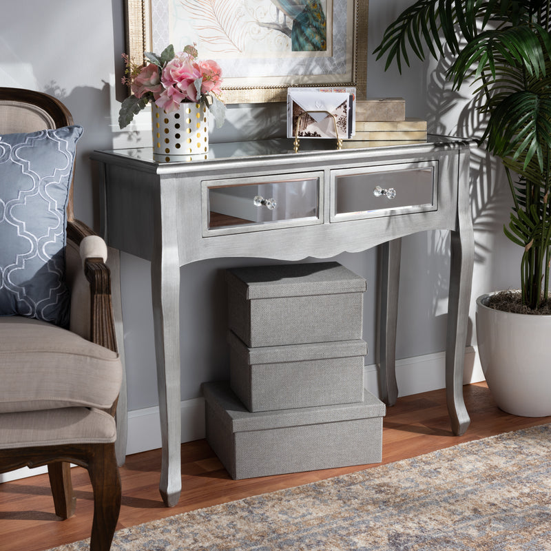 Leonie Console Table Modern Transitional Design with Brushed Silver Wood and Mirrored Glass Featuring 2 Drawers for Stylish Storage