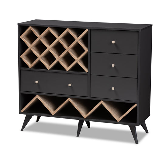 Savino Wine Cabinet Mid-Century Modern Dark Grey and Oak Finished Wood