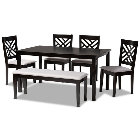 Gustavo Dining Set Modern and Contemporary Grey Fabric Upholstered Dark Brown Finished Wood 6-Piece